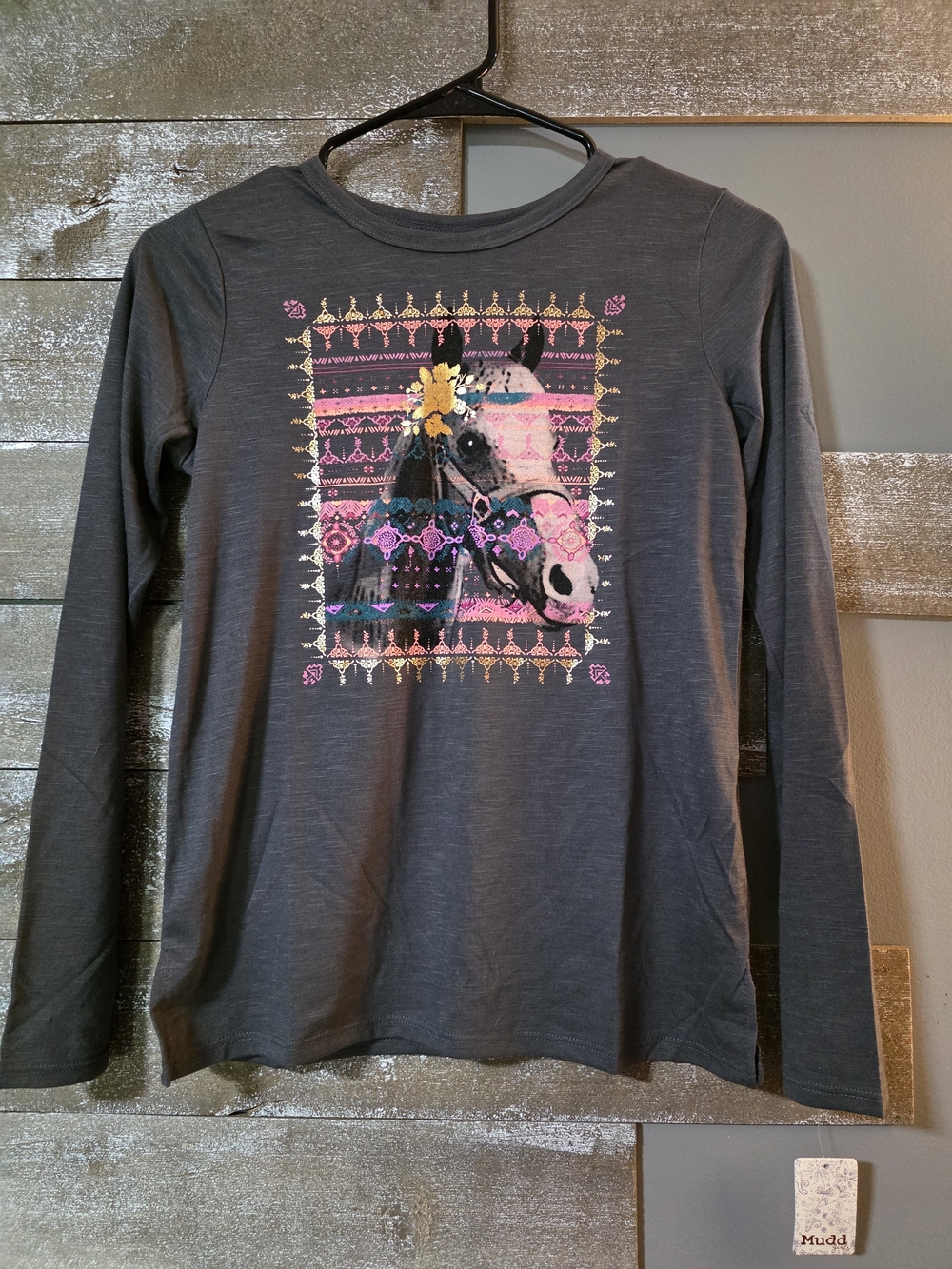 Mudd Girls Charcoal Long Sleeve Tee with Pink & Yellow Horse Graphic